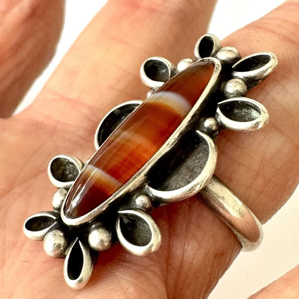 VTG Navajo Petrified Wood Agate Marquis Ring Sz 6.5 Signed JJ Sterling‎ 60s